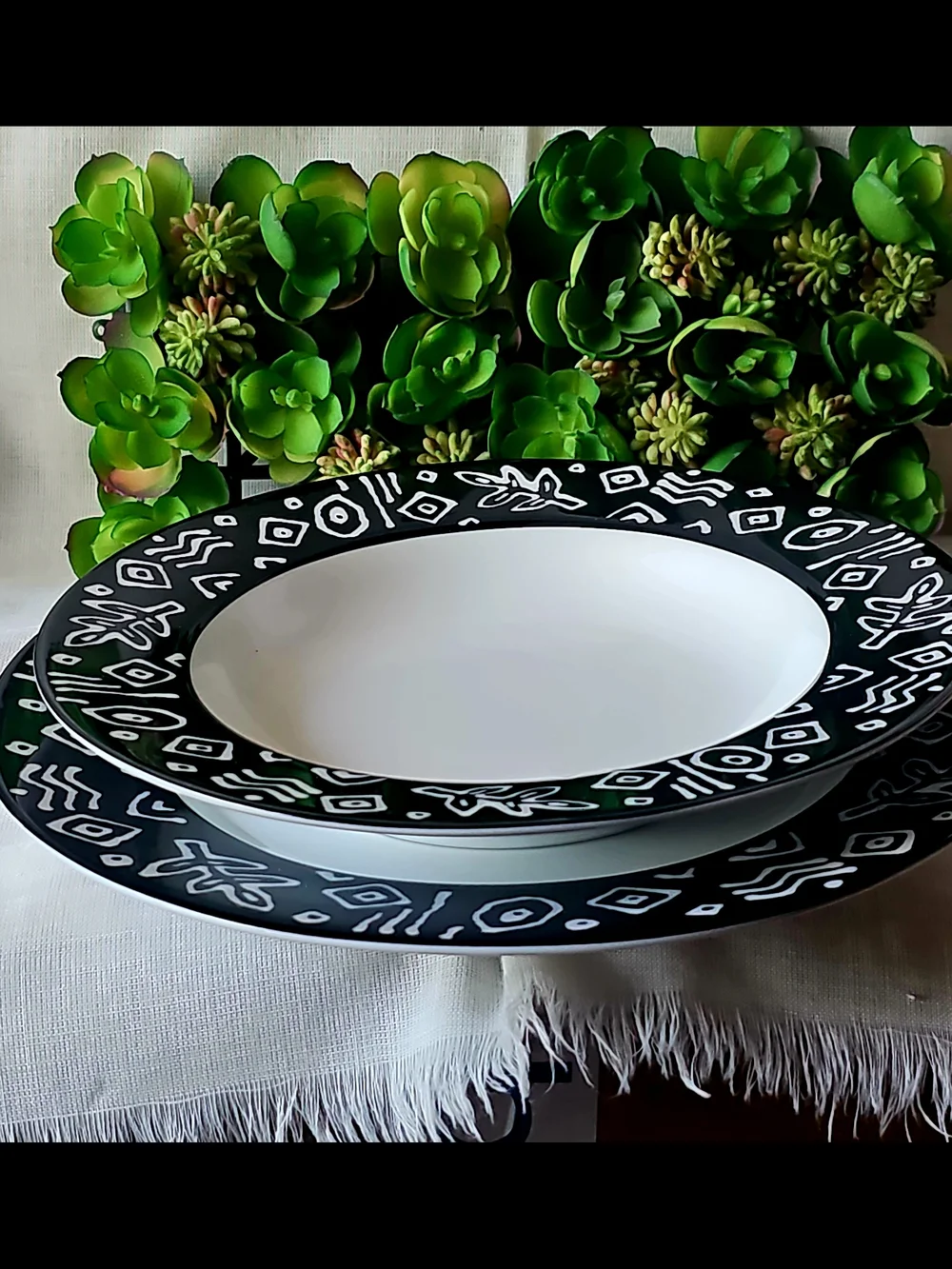Pier 1 Black and White Tribal Rim Dinner Plate And Soup Bowl Set
